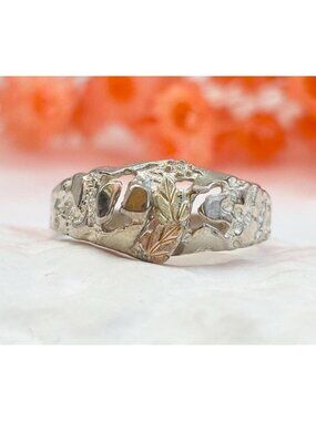 Tri-Toned Foliage Accented & Carved Sterling Silver 925 Vintage Ring - sz 10.25